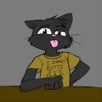  2018 4_fingers anthro biped black_ears black_eyebrows black_eyes black_fur blep cat clothing english_text eyebrows feline fur grey_background half-length_portrait looking_at_viewer male mammal pink_nose pink_tongue poe_(poethewondercat) poethewondercat portrait shirt simple_background solo t-shirt text tongue tongue_out whiskers 