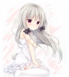  absurdres animal_ears bangs bare_arms bare_shoulders black_bow blush bow closed_mouth dress eyebrows_visible_through_hair fingernails frilled_dress frills grey_hair hair_between_eyes hair_bow highres kemonomimi_mode long_hair looking_at_viewer looking_to_the_side red_eyes shizukawashi_sumi sleeveless sleeveless_dress solo sophie_twilight tail tears thighhighs tonari_no_kyuuketsuki-san very_long_hair white_dress white_legwear 