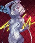  ban bare_shoulders blue_skin breasts chain-link_fence collarbone commentary_request convenient_censoring fence groin highres konno_junko looking_at_viewer navel nipples nude red_eyes short_hair sign solo stitches white_hair zombie zombie_land_saga 