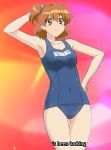  arm_behind_head artist_request bare_shoulders closed_mouth collarbone covered_navel foreshortening fresh_pretty_cure! hair_bobbles hand_on_hip looking_at_another medium_breasts mound_of_venus name_tag one_side_up precure pretty_cure school_swimsuit solo swimsuits yamabuki_inori 