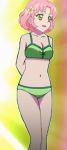  :d aikatsu! arms_behind_back artist_request bare_shoulders bikini cleavage collarbone cowboy_shot flower foreshortening green_bikini green_swimsuit kitaouji_sakura legs looking_at_viewer navel solo swimsuits 