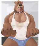  2018 5_fingers anthro bear blue_underwear briefs bulge clothing collar hypnosis male mammal mind_control muscular muscular_male nipple_bulge pecs saliva shirt solo spiral_eyes submissive_male tank_top tcw tongue tongue_out underwear 