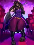  2018 absurd_res amber_eyes anthro armband axe battle_axe belt big_breasts black_hair black_nose blurred_background bracelet breasts cervine clothed clothing coat ear_piercing facial_piercing female footwear fully_clothed hair hairband half-closed_eyes hand_behind_head hi_res holding_object holding_weapon hooves jewelry looking_at_viewer mammal melee_weapon nose_piercing outside pants piercing shirt short_hair smile solo spiked_armband spiked_bracelet spikes standing teeth thick_thighs weapon weapon_on_shoulder wide_hips zerolativity 