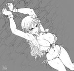  against_wall angry bikini breasts chain chained chained_wrists cleavage clenched_teeth cuffs dated dutch_angle flower from_above front-tie_bikini front-tie_top glaring greyscale hair_flower hair_ornament highres large_breasts long_hair monochrome nami_(one_piece) navel one_piece restrained shackles side-tie_bikini solo sweat swimsuit teeth the_golden_smurf wall 