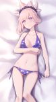  ass_visible_through_thighs bangs bare_arms bare_shoulders bed_sheet bikini blush breasts collarbone commentary_request earrings eyebrows_visible_through_hair fate/grand_order fate_(series) groin hair_between_eyes head_tilt highres jewelry jilu leaf_print long_hair looking_at_viewer lying medium_breasts miyamoto_musashi_(fate/grand_order) navel on_back parted_lips pink_hair purple_bikini purple_eyes side-tie_bikini solo swimsuit 