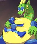  2018 belly belly_squish big_belly blush capcom dragon duo fangs forced hi_res hisashino humanoid machine mecha_dragon mega_man_(character) mega_man_(series) robot simple_background size_difference sweat video_games 