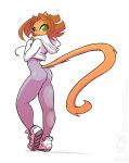  2018 anthro brown_hair butt cat clothed clothing conditional_dnp feline female fur green_eyes hair hoodie jollyjack kat_vance looking_at_viewer looking_back mammal sequential_art simple_background skintight_clothing sneakers solo tan_fur white_background 