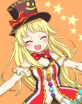 :d ^_^ bang_dream! bangs bd_ayknn black_hat blonde_hair blush bow bowtie closed_eyes frills hat hat_ribbon headwear_writing long_hair open_mouth orange_background outstretched_arms polka_dot_neckwear pom_pom_(clothes) red_neckwear red_ribbon ribbon shoulder_cutout simple_background skirt smile smiley_face solo spread_arms star top_hat tsurumaki_kokoro 