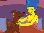  2018 5_fingers blue_hair blush breasts brown_fur canine cleavage clothed clothing digital_media_(artwork) dog drooling duo exited female feral fur goodbadartist grin hair hi_res human implied_bestiality male mammal marge_simpson mature_female panting saliva santa&#039;s_little_helper smile suggestive tailwag the_simpsons yellow_skin 