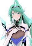  absurdres armor bangs blush bodysuit breasts cleavage eyebrows_visible_through_hair glowing green_eyes green_hair hairband hand_on_own_chest harukon_(halcon) highres horn large_breasts long_hair looking_at_viewer pneuma_(xenoblade_2) ponytail see-through sidelocks simple_background smile spoilers swept_bangs tears upper_body white_background xenoblade_(series) xenoblade_2 