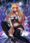  ahri animal_ears armlet bangs bare_shoulders black_legwear black_shorts blonde_hair bracelet breasts bustier choker cleavage crystal fox_ears fox_girl fox_tail headset heart highres jewelry k/da_(league_of_legends) k/da_ahri kaze_no_gyouja large_breasts league_of_legends long_hair looking_at_viewer midriff multiple_tails navel short_shorts shorts sitting solo swept_bangs tail very_long_hair yellow_eyes 