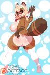 2018 5_fingers abstract_background akiko_(extremedash) anthro areola big_breasts big_butt black_nose blonde_hair breasts butt canine clothed clothing female hair hair_ribbon hand_on_hip higgyy leaf legwear looking_back mammal nipples patreon rear_view ribbons short_hair solo standing tanuki thigh_highs thong tongue tongue_out 