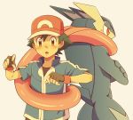  1boy :o bangs baseball_cap black_gloves black_hair black_shirt blue_jacket blush brown_eyes commentary_request cyaneko fingerless_gloves gen_6_pokemon gloves greninja hat jacket open_mouth pokemon pokemon_(anime) pokemon_(creature) pokemon_xy_(anime) satoshi_(pokemon) shirt short_sleeves simple_background spiked_hair tongue two-tone_headwear white_background 