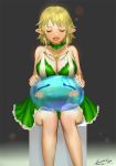  ariverkao bare_shoulders blonde_hair breasts choker cleavage closed_eyes dated dress facing_viewer gradient gradient_background green_dress jewelry large_breasts open_mouth pointy_ears rimuru_tempest short_hair signature sitting slime solo tensei_shitara_slime_datta_ken 