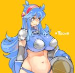  blue_eyes blue_hair borrowed_character breasts commentary_request hairband huge_breasts impossible_clothes impossible_shirt large_breasts long_hair navel original sachito shield shirt solo tecna 