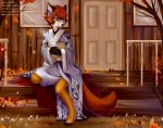  autumn beverage canid canine clothing coffee female fox japanese_clothing kimono mammal porch solapi_(artist) solo 