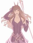  1girl arm_up artist_name belt breasts brown_hair cleavage dress elbow_gloves fire_emblem fire_emblem:_kakusei gloves hand_on_own_head holding holding_weapon iktk long_hair medium_breasts nintendo open_mouth polearm simple_background solo sumia upper_body weapon white_background 