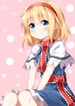  alice_margatroid ascot bangs blonde_hair blue_dress blue_eyes blush capelet closed_mouth commentary_request dress eyebrows_visible_through_hair feet_out_of_frame frilled_ascot frilled_sash frills hair_between_eyes hairband hands_on_lap highres looking_at_viewer patterned_background petticoat pink_background puffy_short_sleeves puffy_sleeves red_hairband red_neckwear red_sash ruu_(tksymkw) sash short_hair short_sleeves sitting smile solo touhou white_capelet 