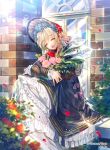  1girl bangs blonde_hair dress eyes_closed flower hair_ornament hat holding interitio long_hair open_mouth original outdoors sitting smile solo 