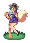  2019 alpha_channel anthro big_breasts breasts chest_tuft claws clothing female footwear grass green_hair growlithe hair hat high_heels kdhynamo nintendo nipple_outline officer_jenny on_one_leg open_mouth pok&eacute;mon pok&eacute;mon_(species) police shoes simple_background solo standing tongue tongue_out torn_clothing transformation transparent_background tuft underwear uniform video_games wide_hips 