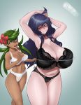  2girls ahoge armpits arms_up besthetz black_bra black_panties bra breasts cleavage closed_mouth creatures_(company) flower game_freak green_eyes green_hair grey_background hair_flower hair_ornament hex_maniac_(pokemon) huge_breasts lingerie long_hair mao_(pokemon) matching_hair/eyes measuring_tape medium_breasts multiple_girls navel nintendo one_eye_closed open_mouth panties pokemon pokemon_(game) pokemon_sm pokemon_xy purple_eyes purple_hair twintails underwear underwear_only white_bra white_panties 