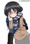 1girl artist_name backpack bag bangs bespectacled black_eyes black_footwear black_hair blue_pants blunt_bangs bob_cut boots brown_coat chin_rest closed_mouth coat commentary_request denim elbow_rest eyebrows_visible_through_hair fringe_trim frown girls_und_panzer glasses jeans kayabakoro knee_boots legs_crossed light_blush long_sleeves looking_at_viewer multicolored multicolored_clothes multicolored_scarf pants partial_commentary red-framed_eyewear scarf shirt short_hair simple_background sitting sketch solo sono_midoriko twitter_username v-shaped_eyebrows white_background white_shirt winter_clothes 