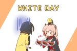  2girls black_hair chinese_commentary chocolate chocolate_statue commentary_request dinergate_(girls_frontline) english_text eyes_closed gift girls_frontline m4_sopmod_ii_(girls_frontline) mod3_(girls_frontline) multiple_girls pink_hair plug_(feng-yushu) ro635_(dinergate) ro635_(girls_frontline) white_day 