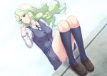  1girl 2017 black_legwear blue_eyes brown_footwear dated diana_cavendish dress floating_hair full_body green_hair grey_dress kneehighs little_witch_academia loafers long_hair long_sleeves miyai_sen multicolored_hair panties panty_peek parted_lips pinafore_dress school_uniform shirt shoes short_dress silver_hair sitting solo two-tone_hair underwear white_background white_shirt 