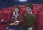  1boy 1girl bag blush brown_eyes brown_hair clothes date food freckles indoors life_is_strange looking_at_another max_caulfield movie_theater pants popcorn shirt short_hair sitting warren_graham watching 