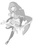  1girl absurdres arrow bow_(weapon) cloak fantasy full_body gloves greaves greyscale highres holding holding_bow_(weapon) holding_weapon hood kujuu_shikuro looking_at_viewer monochrome original quiver solo standing standing_on_one_leg toeless_legwear v-shaped_eyebrows weapon white_background 