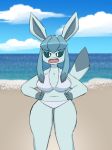  2019 angry anthro beach big_breasts bikini breasts clothed clothing digital_media_(artwork) eeveelution female glaceon hands_on_hips hi_res hsp humanoid looking_at_viewer nintendo open_mouth pok&eacute;mon pok&eacute;mon_(species) seaside solo standing swimsuit video_games wide_hips 