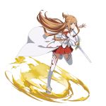  1girl asuna_(sao) braid brown_eyes brown_hair cape crown_braid detached_sleeves floating_hair highres holding holding_sword holding_weapon leg_up long_hair long_sleeves looking_at_viewer miniskirt official_art outstretched_arm pleated_skirt red_skirt skirt solo standing standing_on_one_leg sword sword_art_online thighhighs transparent_background very_long_hair waist_cape weapon white_cape white_legwear white_sleeves 