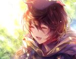  2boys armor brown_hair eyes_closed granblue_fantasy hood lucifer_(shingeki_no_bahamut) male_focus multiple_boys open_mouth out_of_frame petting rnc054 sandalphon_(granblue_fantasy) short_hair smile 