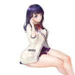  :o black_hair blue_eyes bow breasts cardigan commentary_request crossed_legs earbuds earphones highres legal legs long_hair miniskirt orry parted_lips red_bow simple_background sitting skirt solo ssss.gridman takarada_rikka thighs white_background 