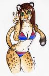  anthro bikini brown_hair clothing felid feline female fur green_eyes hair leopard long_hair looking_at_viewer mammal navel pantherine shiverz simple_background solo spots swimsuit tongue tongue_out v_sign white_background yellow_fur 