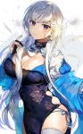  1girl alternate_costume azur_lane bangs belfast_(iridescent_rose)_(azur_lane) blue_eyes blush braid breasts chains china_dress chinese_clothes collar dress earrings eyebrows_visible_through_hair gijang holding holding_hair jewelry large_breasts long_hair looking_at_viewer panties parted_lips side-tie_panties sidelocks silver_hair smile solo thighhighs underwear white_legwear 