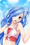  1girl :d blue_hair blue_sky bow collarbone dana_(ys) day eyes_visible_through_hair floating_hair green_eyes hair_ornament hair_over_one_eye long_hair looking_at_viewer midriff open_mouth oto_falcom outdoors red_bow shiny shiny_hair sky smile solo stomach sun tied_hair upper_body very_long_hair ys ys_viii_lacrimosa_of_dana 