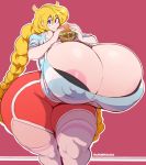  1girl areola_slip areolae blonde_hair breasts cassie_(theycallhimcake) cleavage curvy dullahan food gigantic_breasts highres long_hair looking_at_viewer nipple_slip nipples purple_eyes solo thick_thighs thighhighs thighs twintails very_long_hair vhsdaii wide_hips 