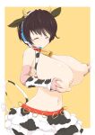  animal_ears animal_print arm_warmers bare_shoulders bea_(adfhbcf4326) bell bell_collar blush breasts brown_hair closed_eyes collar commentary_request cow_bell cow_ears cow_horns cow_print cow_tail cowboy_shot deep_skin elbow_gloves from_side gloves headset highres horns huge_breasts idolmaster idolmaster_cinderella_girls lactation layered_skirt navel nipples oikawa_shizuku pink_gloves puffy_nipples self_fondle short_hair smile solo tail 