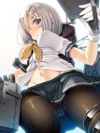  1girl black_legwear blue_eyes blush breasts eyes_visible_through_hair gloves hair_ornament hair_over_one_eye hairclip hamakaze_(kantai_collection) highres kantai_collection large_breasts panties panties_under_pantyhose pantyhose pleated_skirt ribbon school_uniform serafuku short_hair short_sleeves silver_hair skirt solo torisan underwear white_gloves white_hair yellow_ribbon 