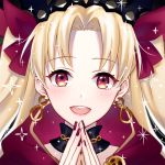  1girl :d blonde_hair bow choker diadem earrings ereshkigal_(fate/grand_order) eyebrows_visible_through_hair fate/grand_order fate_(series) floating_hair hair_bow highres jewelry long_hair looking_at_viewer mayracle nail_polish open_mouth portrait red_bow red_eyes red_nails smile solo twintails 