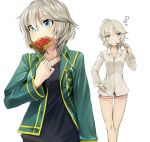  1girl anastasia_(idolmaster) black_shirt blue_eyes brown_shorts collarbone dress_shirt eyebrows_visible_through_hair green_jacket hair_between_eyes hand_on_hip idolmaster idolmaster_cinderella_girls jacket jewelry kinpun_(fgxdw447) mouth_hold necklace open_clothes open_jacket shiny shiny_hair shirt short_hair short_shorts shorts silver_hair standing thigh_gap toothbrush_in_mouth white_shirt 