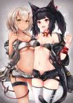  2girls animal_ear_fluff animal_ears arm_around_back arm_ribbon bandeau black_hair blush breasts cat_ears cat_tail cleavage closed_mouth coat collarbone demon_tail eyebrows_visible_through_hair grey_hair groin hair_ornament hairclip hand_up highres hooded_coat horns long_hair medium_breasts multiple_girls navel neck_bell neck_ribbon off_shoulder open_clothes open_coat open_fly open_mouth original red_ribbon ribbon ryara_vivi short_hair short_shorts shorts sidelocks small_breasts smile stomach tail thigh_strap thighhighs twintails 
