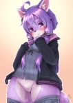  anthro black_hoodie bottomless breasts canid canine canis clothed clothing domestic_dog featureless_crotch fur hair kemono long_hair mammal purple_eyes purple_fur purple_hair shiitakemeshi simple_background solo sweat 