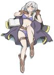  1girl belt bikini blush book breasts brown_eyes brown_gloves cape cleavage female_my_unit_(fire_emblem:_kakusei) fire_emblem fire_emblem:_kakusei fire_emblem_heroes full_body gloves highres long_hair lying medium_breasts my_unit_(fire_emblem:_kakusei) nintendo on_back open_book simple_background solo swimsuit thigh_strap twintails white_background white_hair white_stew 