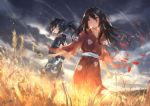  1boy 1girl artist_name azomo bangs black_hair brown_eyes cloud cloudy_sky dororo_(tezuka) hair_between_eyes highres hyakkimaru_(dororo) japanese_clothes long_hair mio_(dororo) outdoors ponytail red_eyes scenery sky standing 