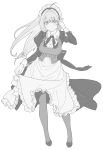  1girl absurdres ahoge apron apron_lift breasts fantasy frown full_body greyscale highres kujuu_shikuro large_breasts lifted_by_self long_hair looking_at_viewer maid maid_apron maid_headdress monochrome original pointy_ears solo thighhighs white_background 