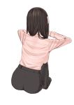  1girl black_hair black_legwear black_pants easy_(aqk7bdqt) facing_away full_body knees_up long_hair long_sleeves office_lady original pants pink_skirt simple_background sitting skirt solo white_background 