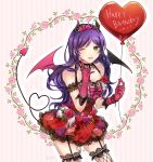  1girl artist_name balloon black_wings blush breasts cleavage commentary_request demon_girl demon_horns demon_tail demon_wings dot_nose dress eyebrows_visible_through_hair fishnet_legwear fishnets flower gloves green_eyes happy_birthday heart heart_balloon heart_tail highres holding holding_balloon horns large_breasts long_finger long_hair looking_at_viewer love_live! love_live!_school_idol_project mismatched_wings miyuzu pink_gloves pink_wings purple_hair red_dress red_flower red_heart red_rose rose smile solo tail thighhighs toujou_nozomi wings 