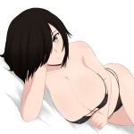  bed black_hair breasts cleavage colorized commentary hair_over_one_eye hand_on_own_cheek highres huge_breasts light_frown looking_at_viewer lying nao_(ritsancrossover) on_side original pai-chan_(nao) short_hair simple_background solo symbol_commentary underwear underwear_only white_background 